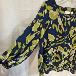 Belle by Kim Gravel Sz M Blue Green Abstract Ikat Sheer Long Sleeve Blouse Bold